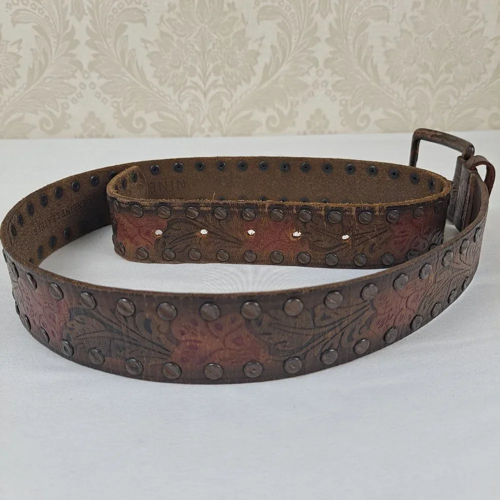 Tooled Leather Belt Colored Floral Design and Studs Down the Length Brass Hdwre